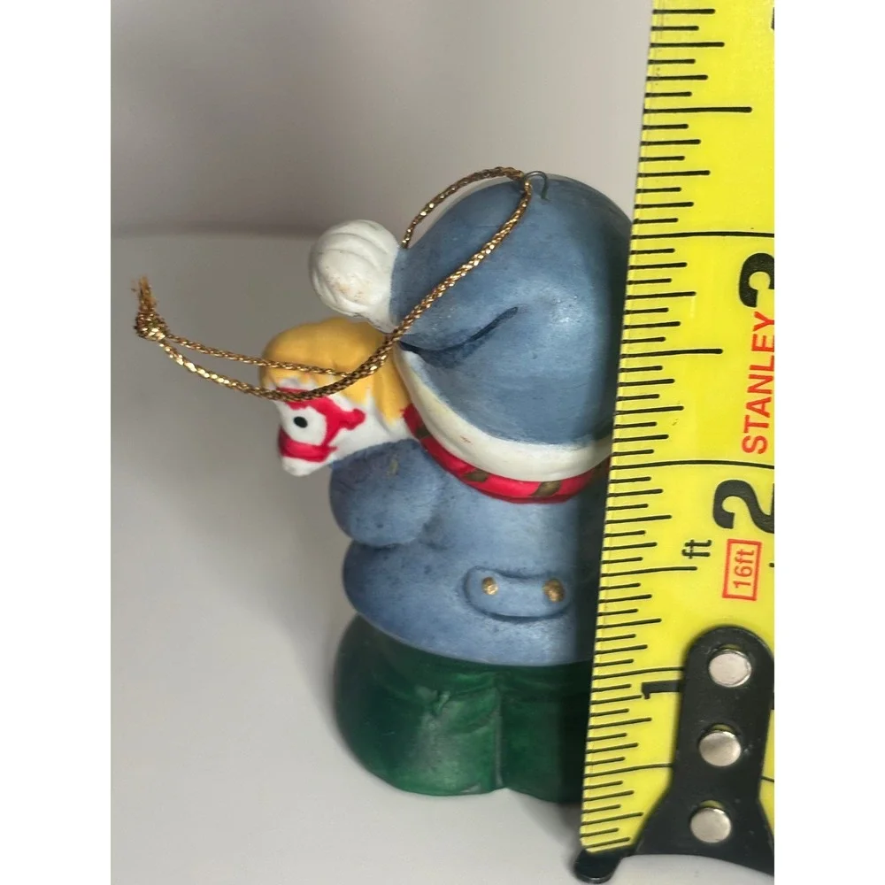Vintage Ceramic Christmas Ornament Child with Hobby Horse Toy Figurine Blue Coat